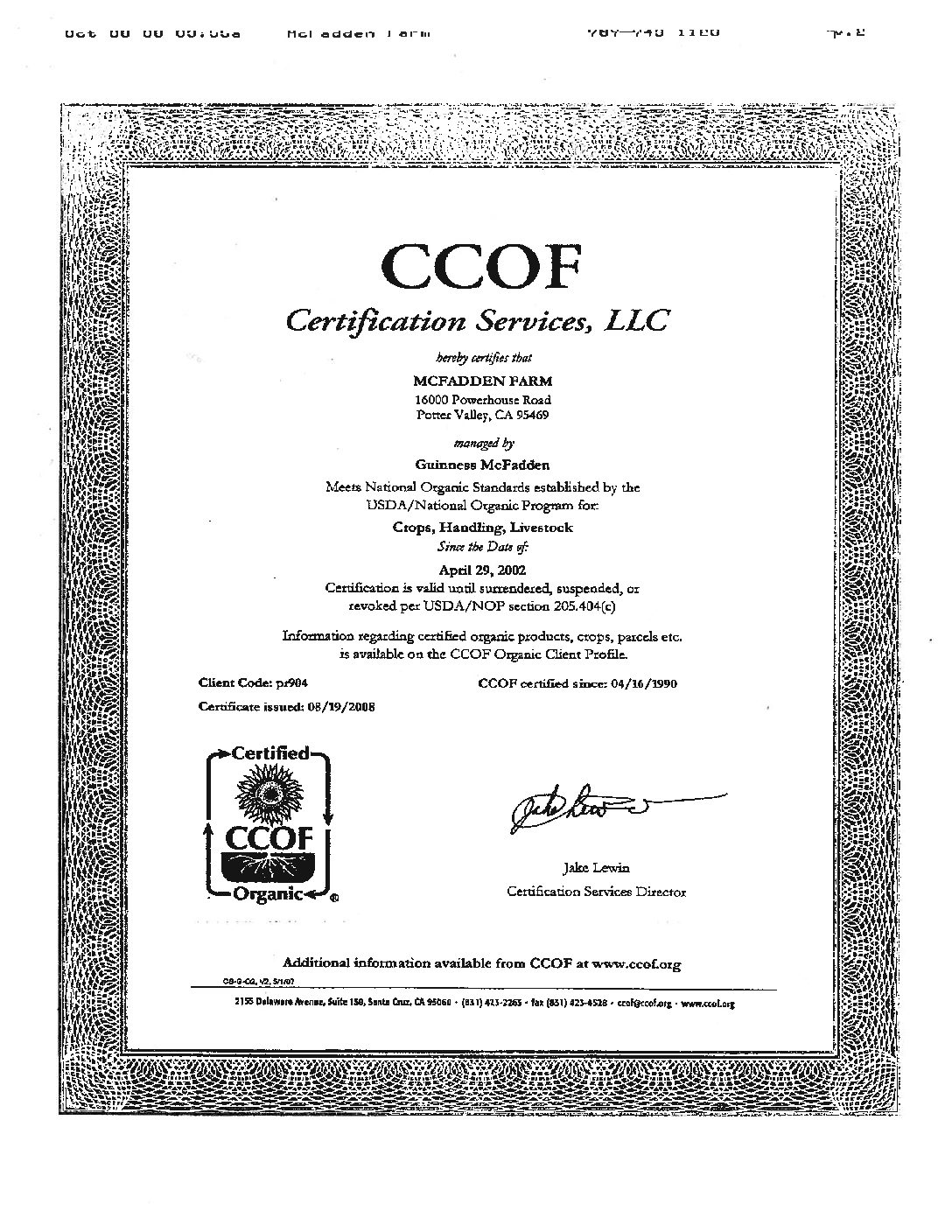 Gewurz vineyard CCOF organic certificate Alexander Valley Vineyards